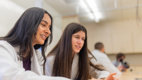 Two medical students work at a computer at RWJMS
